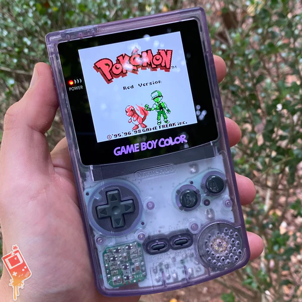 Atomic Purple Game Boy Color showing Pokemon Red