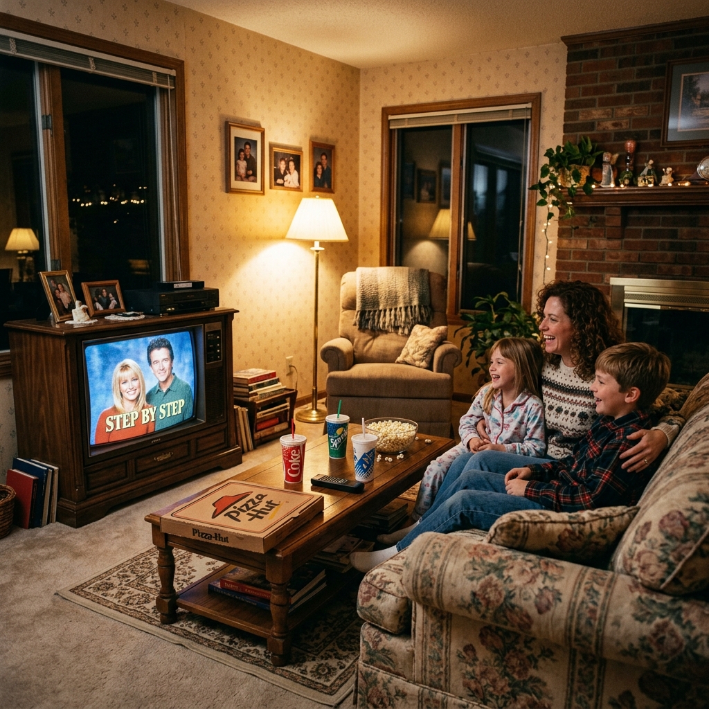 Cozy 90s Living Room with Wood-Encased TV