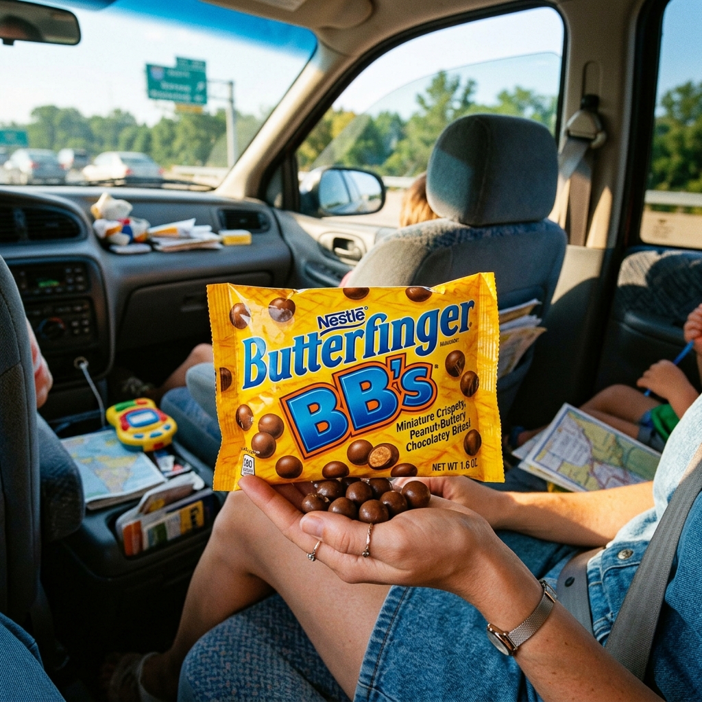Bag of Butterfinger BBs held in a car on a road trip