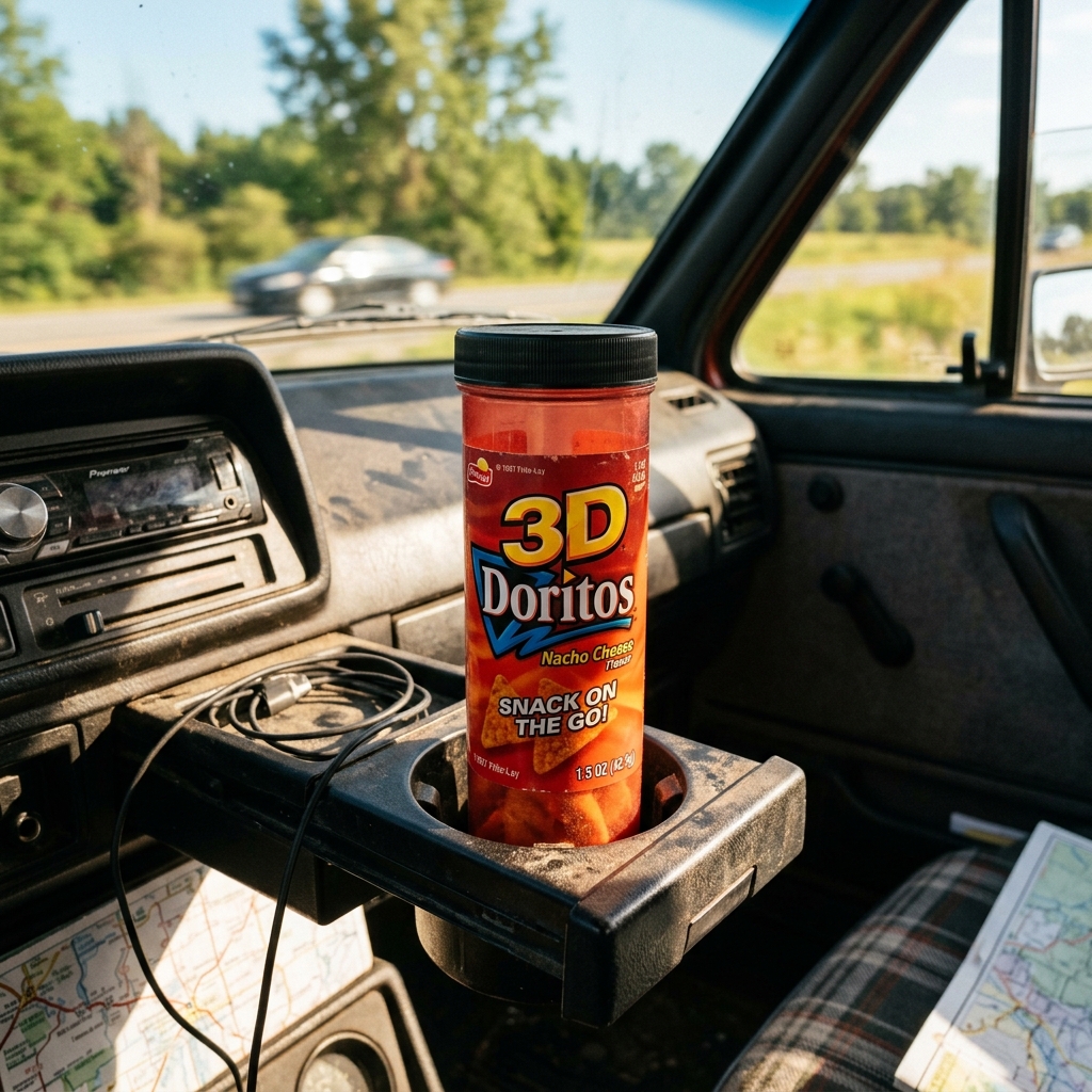 3D Doritos in cup holder on road trip