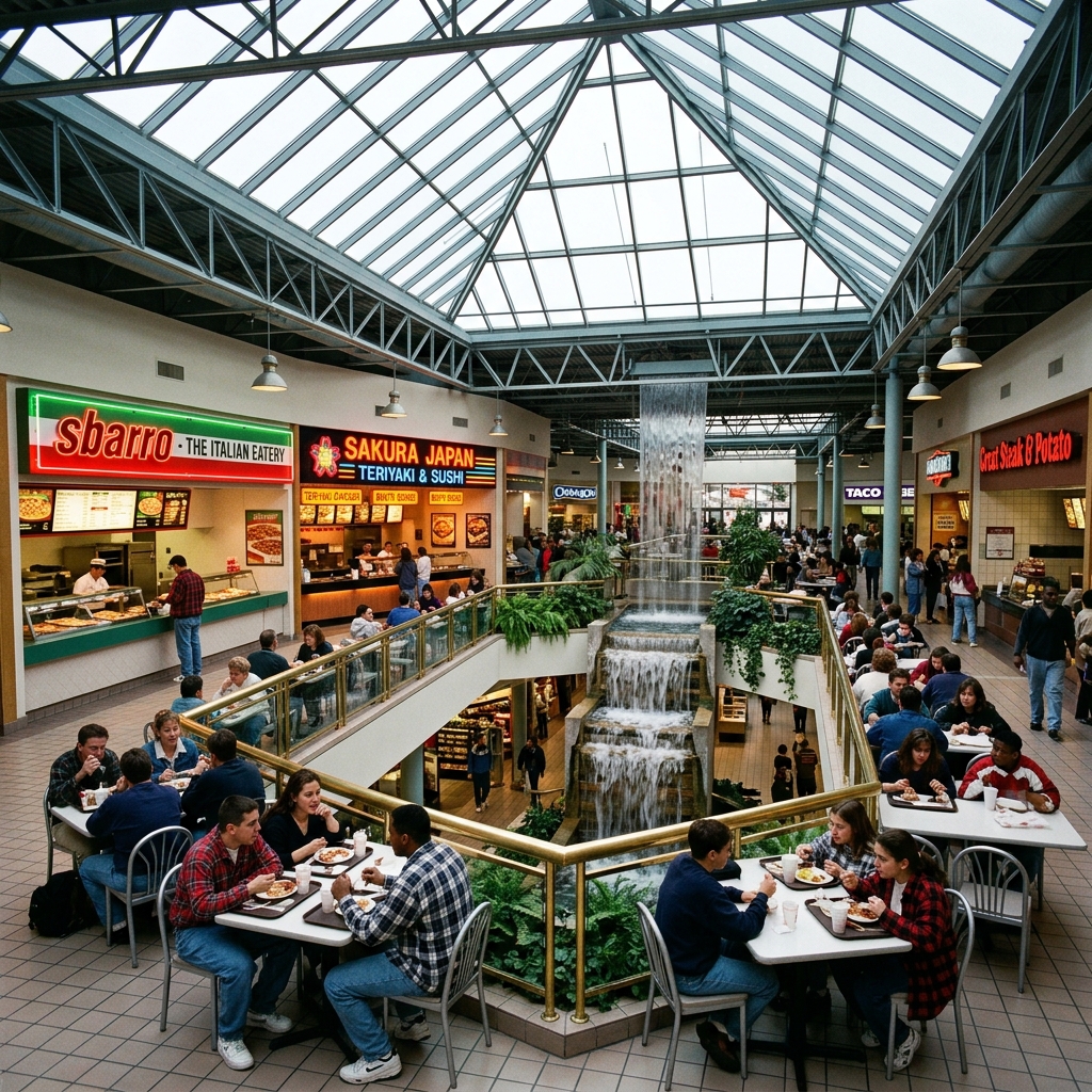 1995 Mall Food Court with Sbarro and Sakura Japan Neon Signs