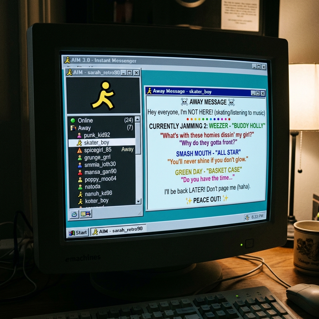 1990s AIM Buddy List and Away Message Window on CRT Monitor