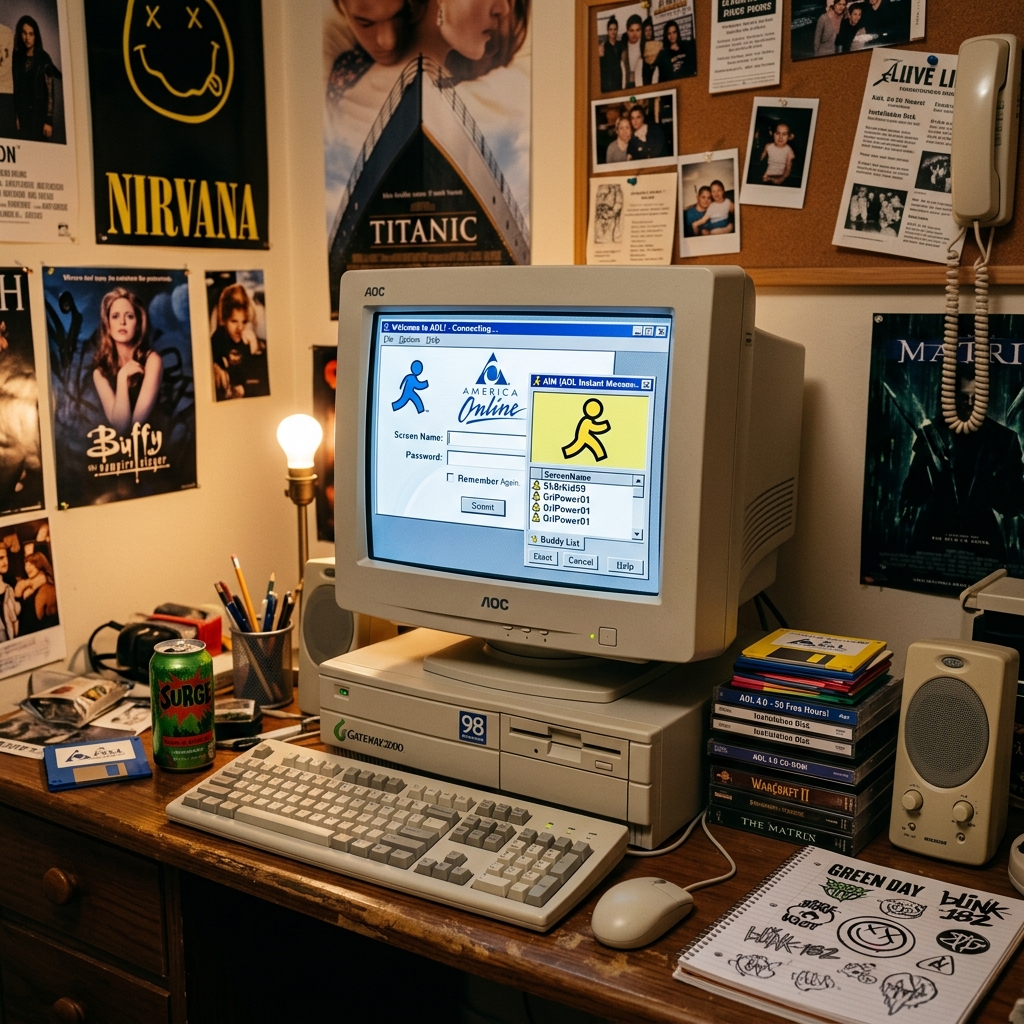 1990s Beige Desktop PC with AOL Dial Up Connection and AIM Buddy List