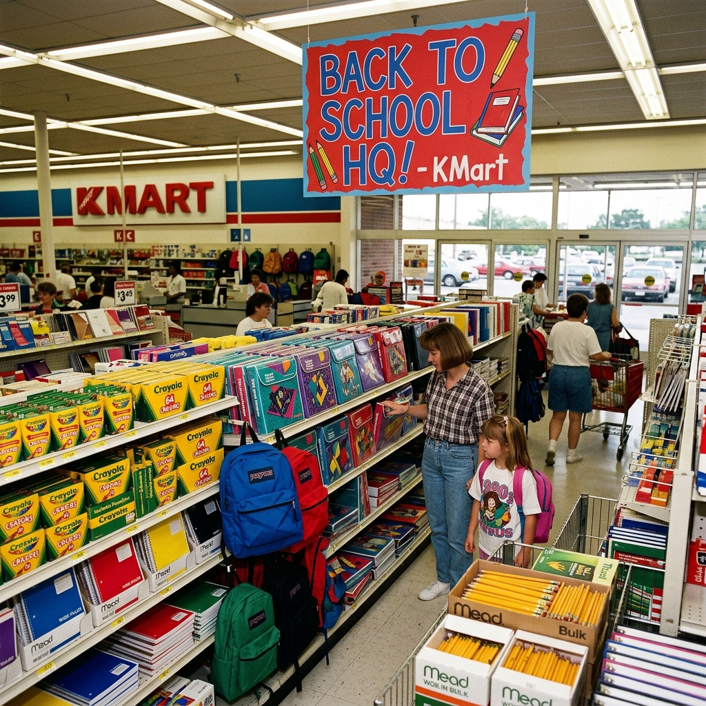 1990s KMart Back to School Seasonal Aisle with Trapper Keepers and Crayons